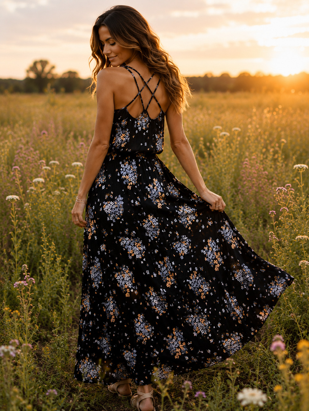 The Loft Floral Black Maxi Dress Strappy Racerback Boho Sleeveless Size Small